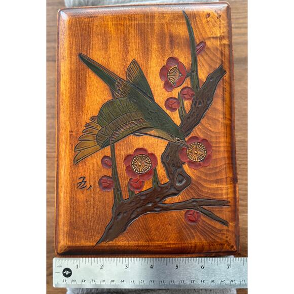 Vintage Japanese Urushi Lacquer Art Wooden Box, Handcarved Bird & Flower, Signed - Picture 14 of 16